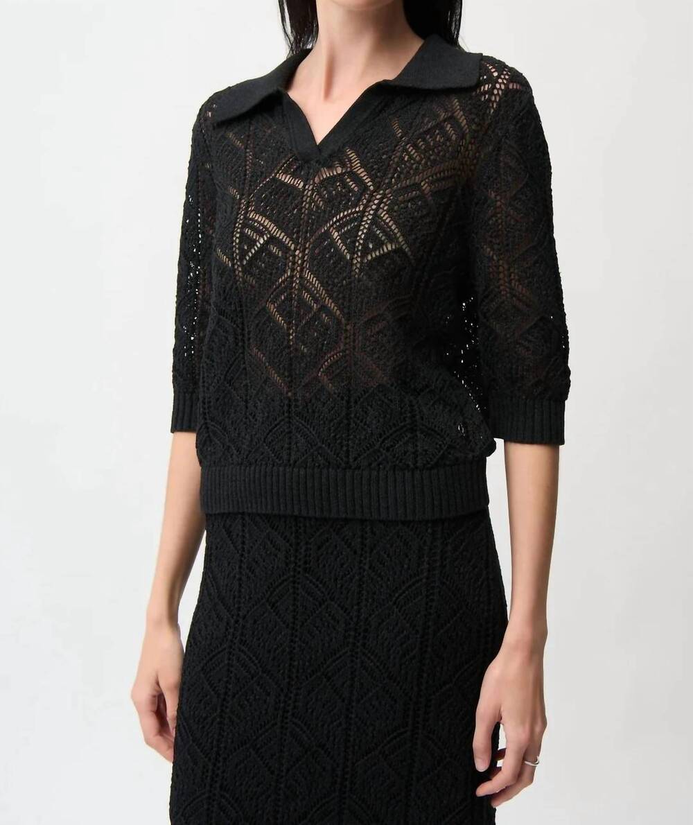 NEW JOSEPH RIBKOFF open knit 3/4 sleeve polo sweater in black